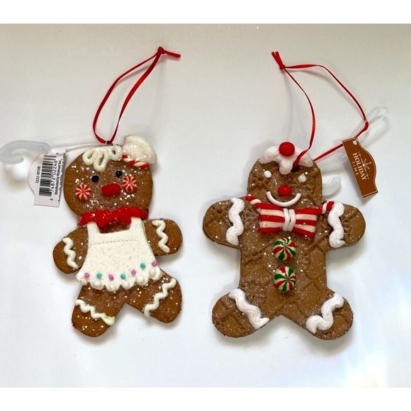 Gingerbread Cookie Girl and Boy Ornaments Christmas Holiday Set of 2 - Picture 2 of 9